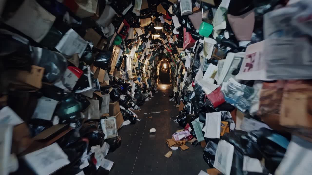 Passageway cluttered with various discarded items and debris, softly lit, inviting exploration through the intriguing and chaotic scene of accumulation