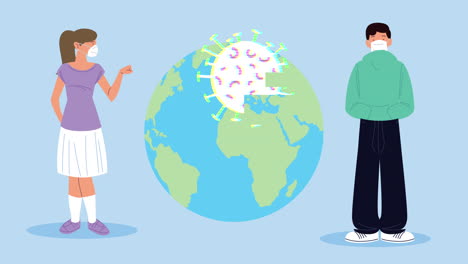 people wearing masks with earth and virus illustration