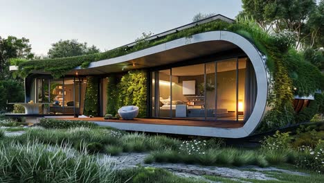 modern eco-friendly house with green roof and living wall in nature