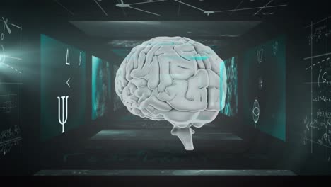 Menschliches-Gehirn-Dreht-Sich-Vor-Bildschirmen-Mit-Mathematischen-Gleichungen-Und-Symbolen-Auf-Grünem-Hintergrund