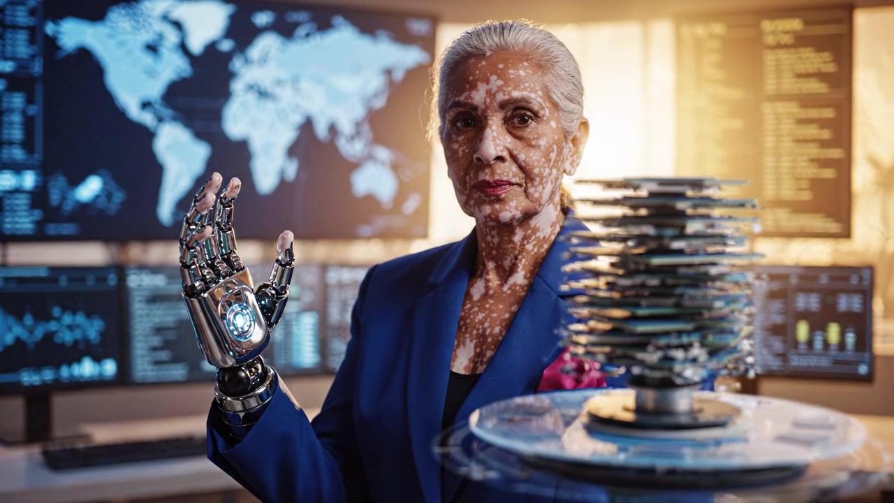 Une scène futuriste présentant une femme âgée avec un bras robotique, se tenant avec assurance dans une salle de contrôle high-tech remplie d'écrans numériques et de visualisations de données.