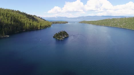 a 4k drone shot of fannette island, lying in the middle of emerald bay, a national natural landmark on lake tahoe, california