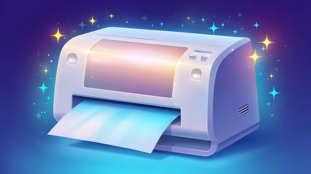 A modern printer gracefully ejecting vibrant paper, surrounded by a whimsical glowing backdrop, showcasing advanced technology and creativity in digital printing