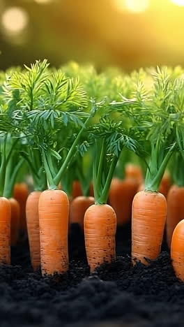 freshly harvested carrots in a garden. bright orange carrots grow in rich soil, basking in warm sunlight in a lush garden during late afternoon.