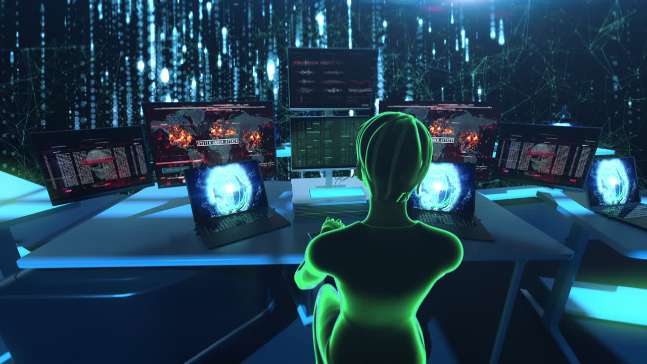 Female hacker avatar typing code, attacking system, virtual reality, cyberspace