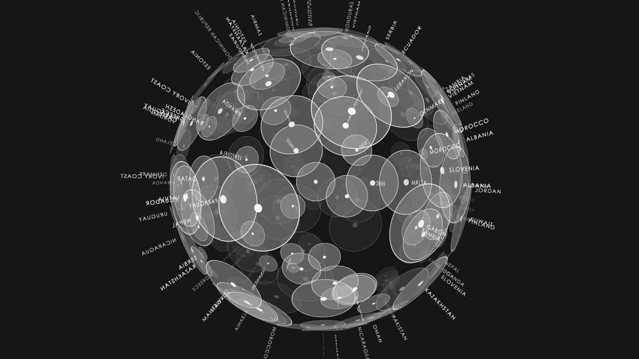 Rotating globe with country names and translucent data circles