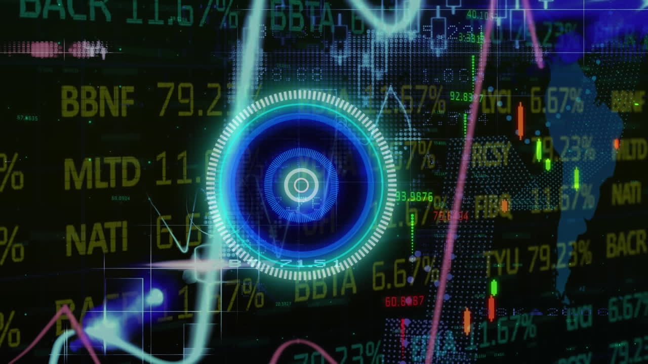 Animation of scope scanning, numbers and data processing on blue background