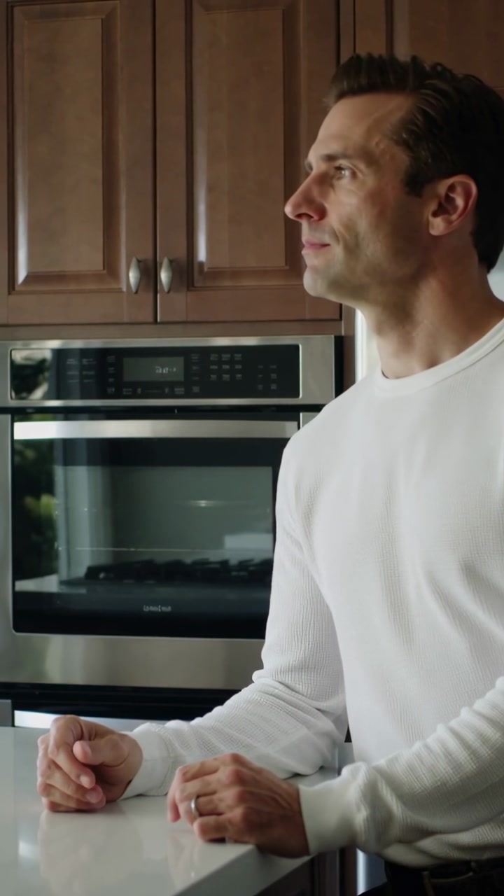 Vertical video: Clip starting man white top kitchen counter turning head thinking ring, copy space