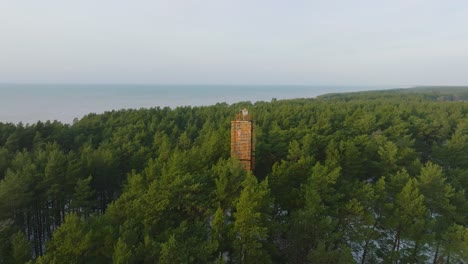 vista aérea del faro de bernati rodeado de un exuberante bosque de pinos verdes con nieve ligera, bosque nórdico, costa del mar báltico, día soleado de invierno, letonia, amplio tiro de drones avanzando, inclinado hacia abajo