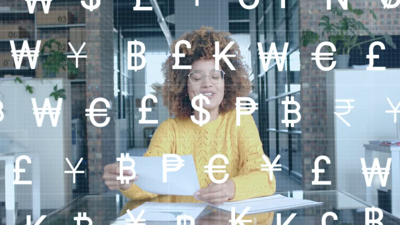 White currency symbols scrolling over happy biracial casual businesswoman having video call