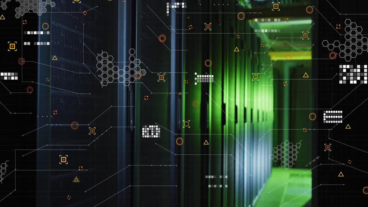 Animation of geometric shapes and patterns with circuit board pattern over illuminated server room