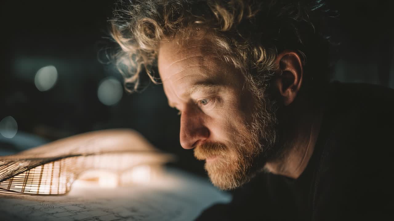 An Introspective Moment: A Thoughtful Artist Contemplates Architectural Design in a Dimly Lit Studio, Highlighting the Fusion of Creativity and Craftsmanship