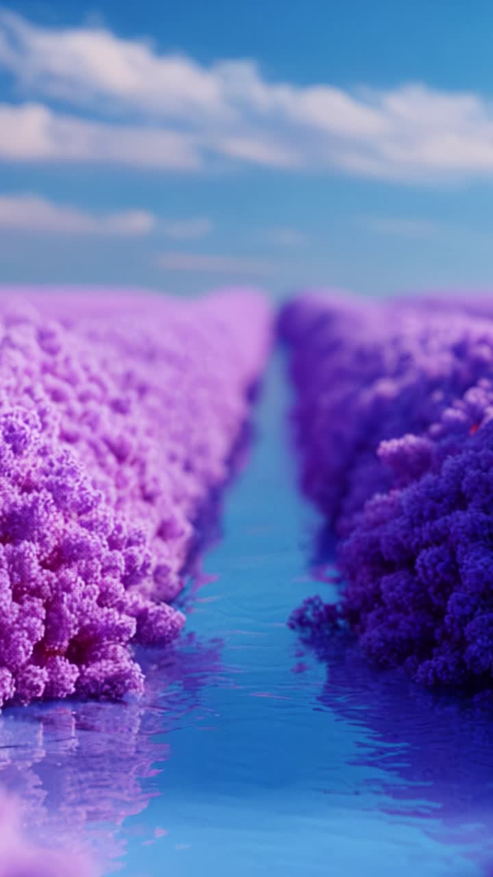Campi vivaci di fiori viola che si riflettono in acque calme sotto un cielo sereno: una scena naturalistica mozzafiato di lavanda e serenità