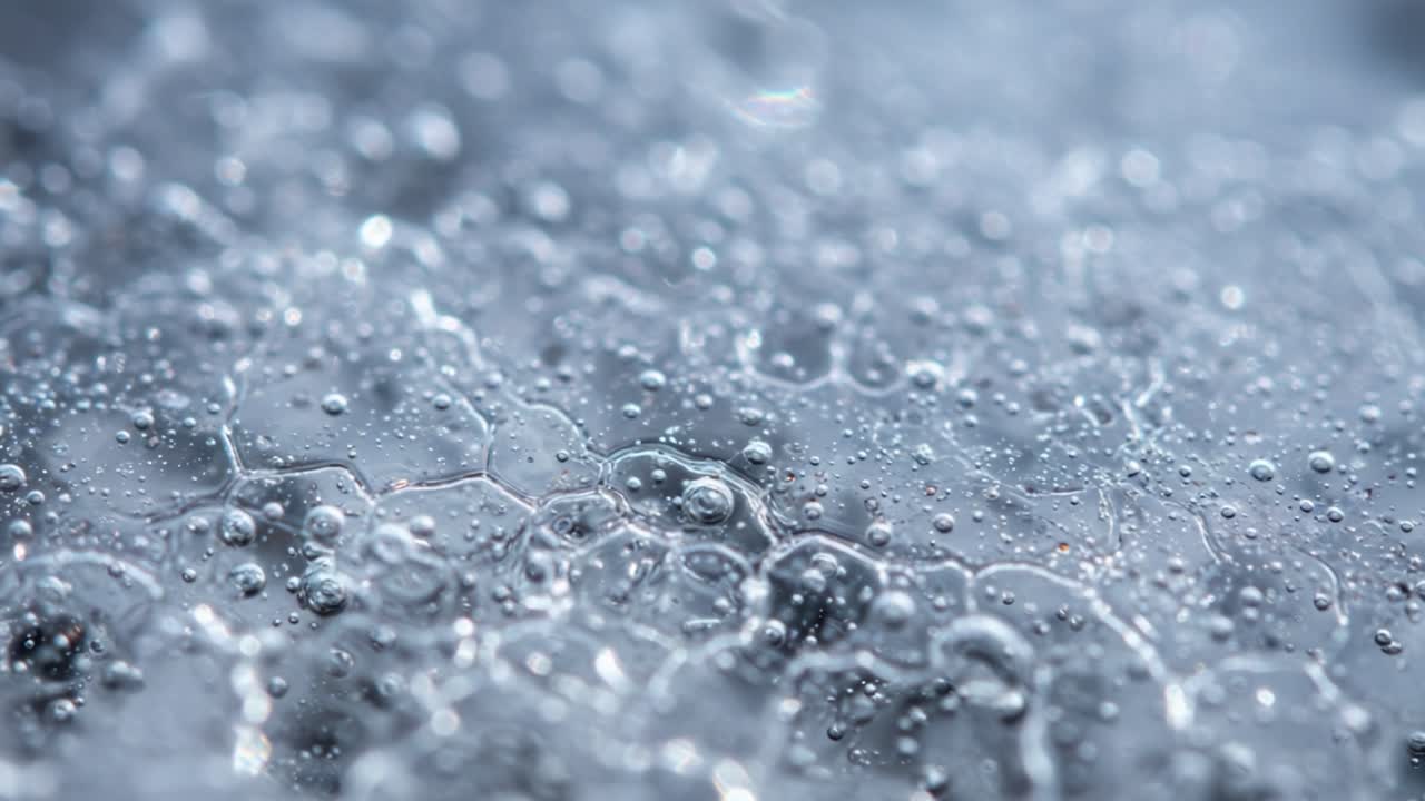 An Abstract Close-Up Exploration of Bubbles and Water Droplets on a Reflective Surface, Capturing the Intricate Patterns and Textures Created by Light Reflections