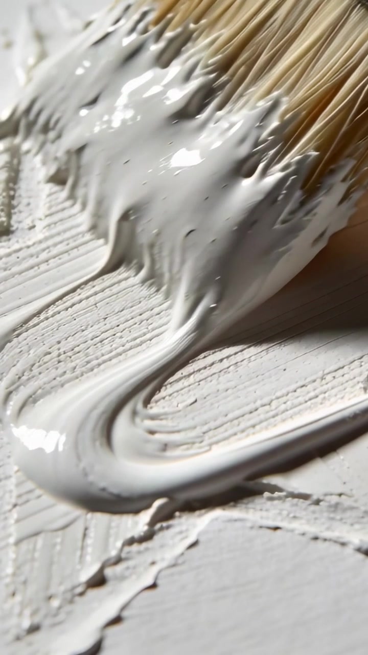 Vertical video: Contacting then dragging brush across primed panel in studio, smoothing white paint