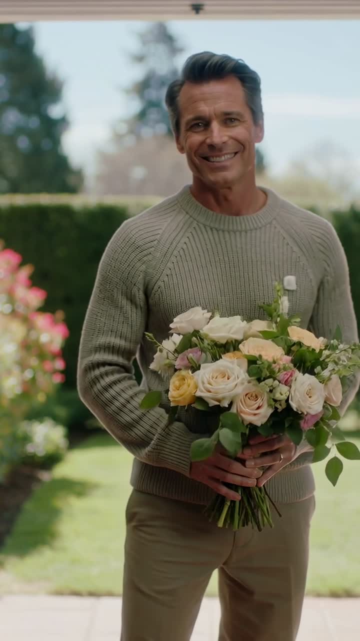 Uomo in piedi sulla soglia che tiene un bouquet, facendo apparire un'etichetta animata che fluttua vicino agli steli, mostrando un saluto.