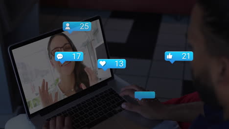 animación de iconos y números de redes sociales sobre mujer caucásica en llamada de video portátil