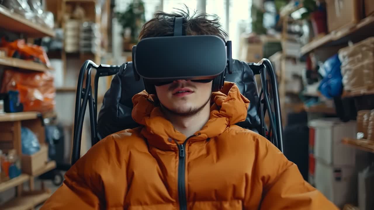 A man in a wheelchair wearing a virtual reality headset