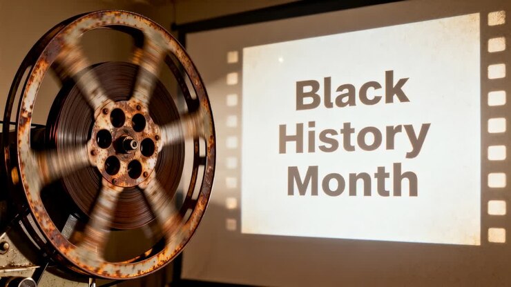 Projecting slide for Black History Month at screening space, projector starting, reel spinning
