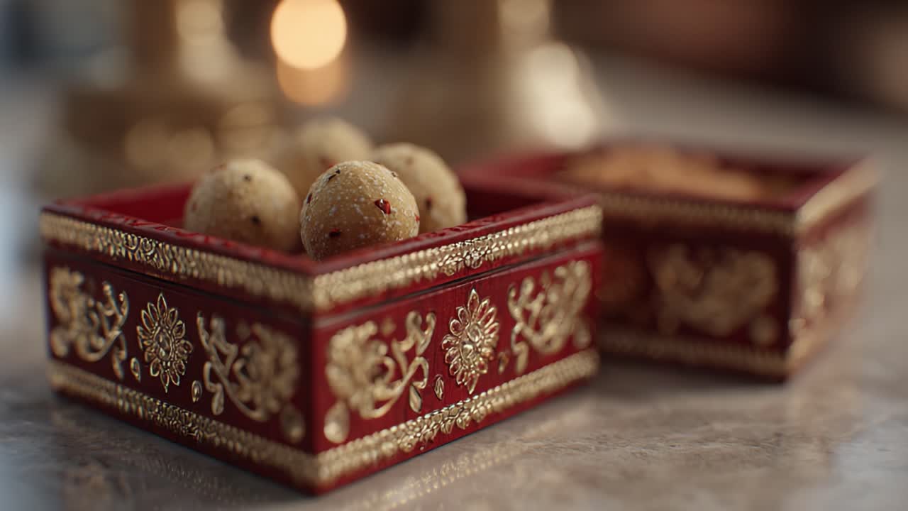 A Captivating Display of Decorative Boxes Filled with Delicious Sweets, Highlighting the Intricate Design and Tempting Treats Perfect for Celebratory Occasions
