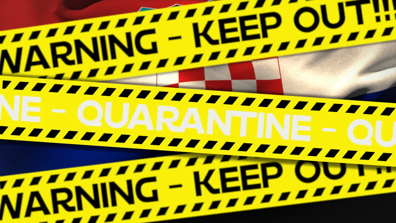 animación de las palabras cuarentena y advertencia - no entren! escritas en cinta