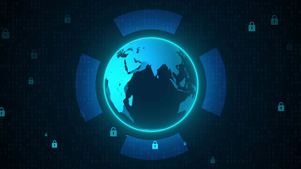 Digital Globe with Rotating Security Icons and Binary Code Background
