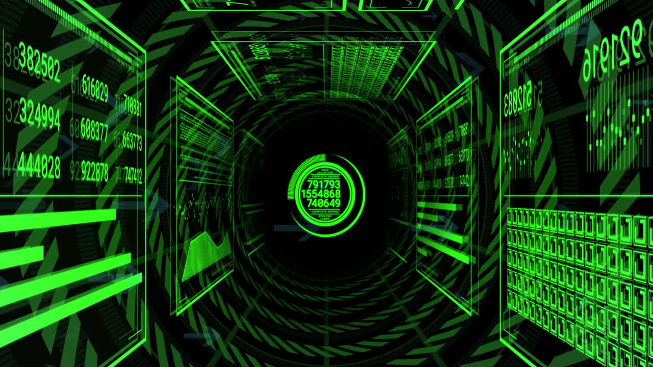 Animation of changing numbers, graphs, circles and arrow over circular tunnel on black background