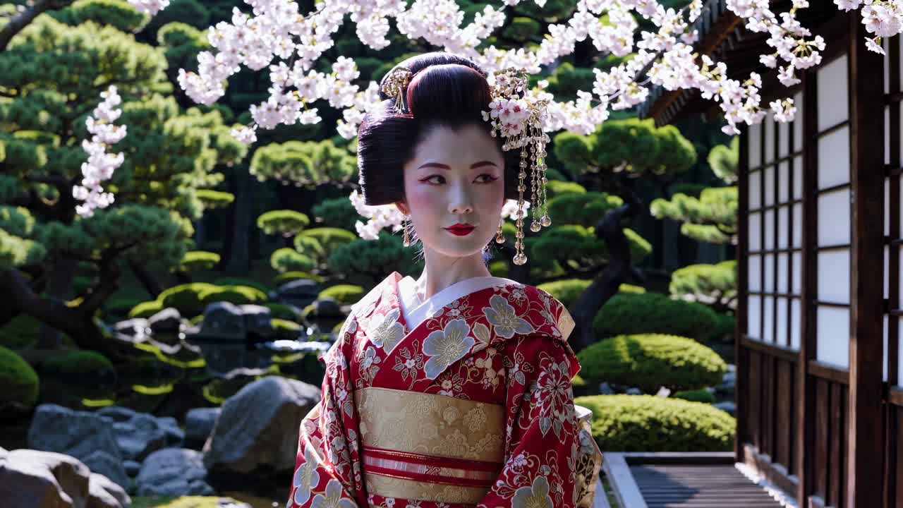 A video still captures a woman in traditional Japanese attire in a serene garden