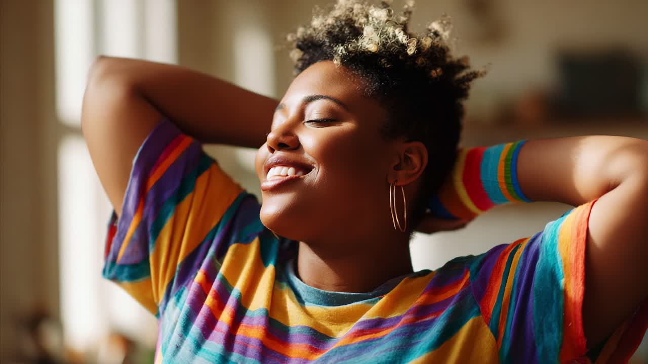A joyful individual enjoying a moment of peaceful reflection, radiating happiness and confidence while embracing their unique style in vibrant, colorful attire