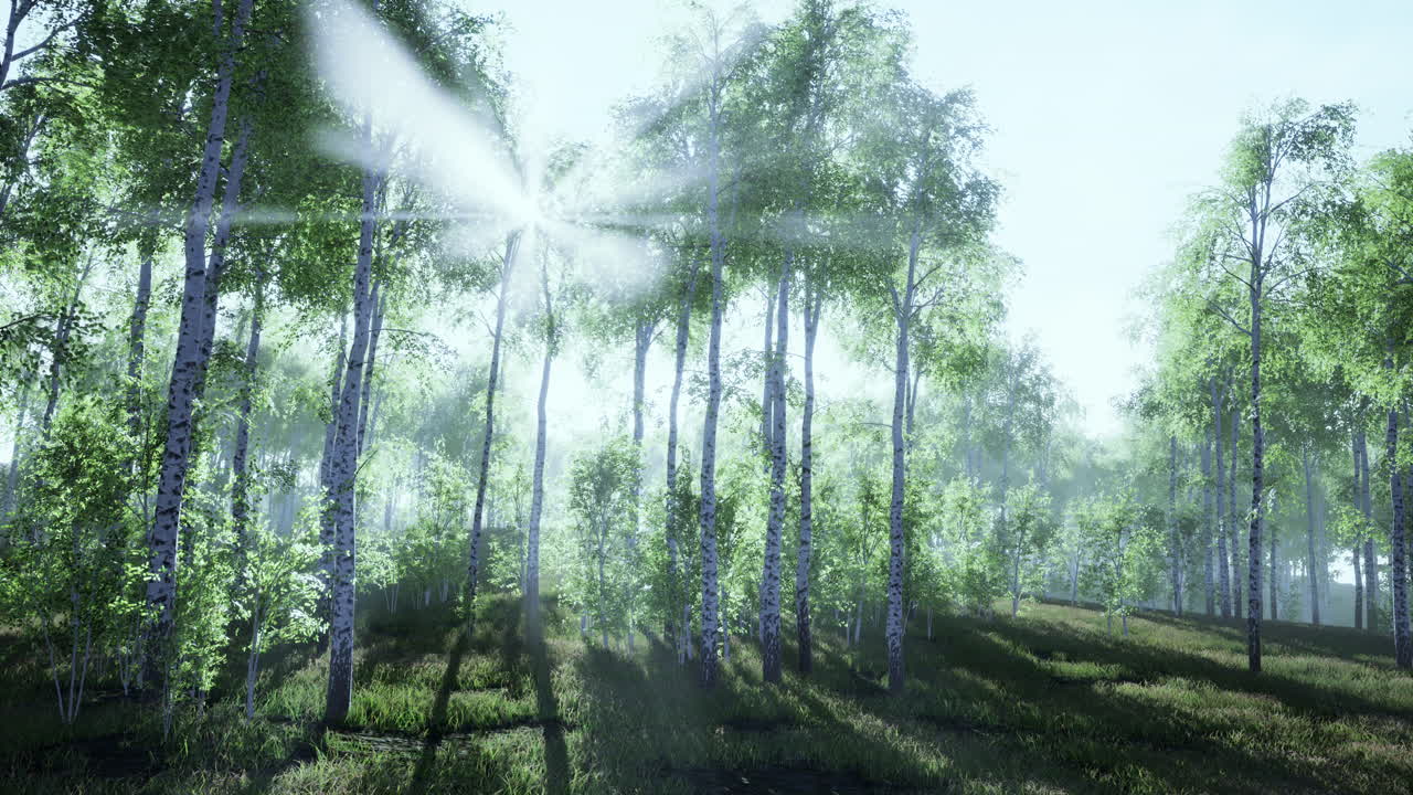 Birches with green leaves sway in the strong wind