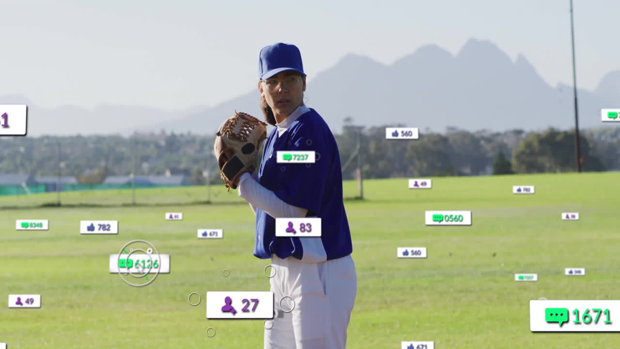 Female baseball athlete pitching on field, featuring floating social media marketing icons