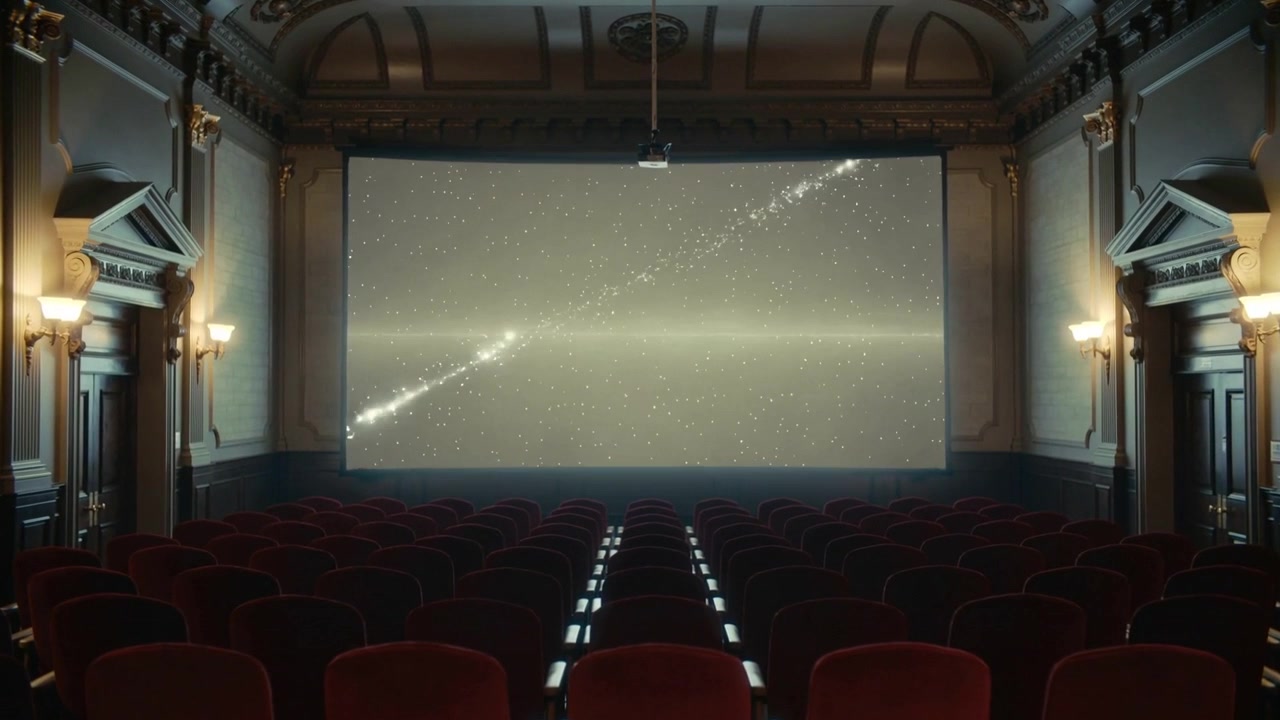 Proiezione di un campo stellato da un proiettore a soffitto in un teatro ornato, con poltrone rosse lungo il corridoio centrale