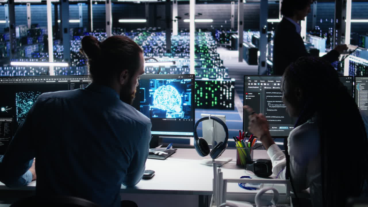 Teamworking Engineers Brainstorming In Data Center, Reviewing Ai Diagnostics