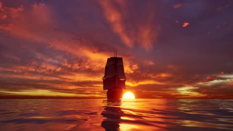 gran barco medieval en el mar en una puesta de sol. el viejo barco medieval navega con gracia en el mar abierto