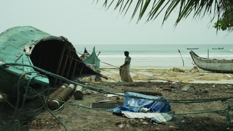 fishing scenery on the beach in asia