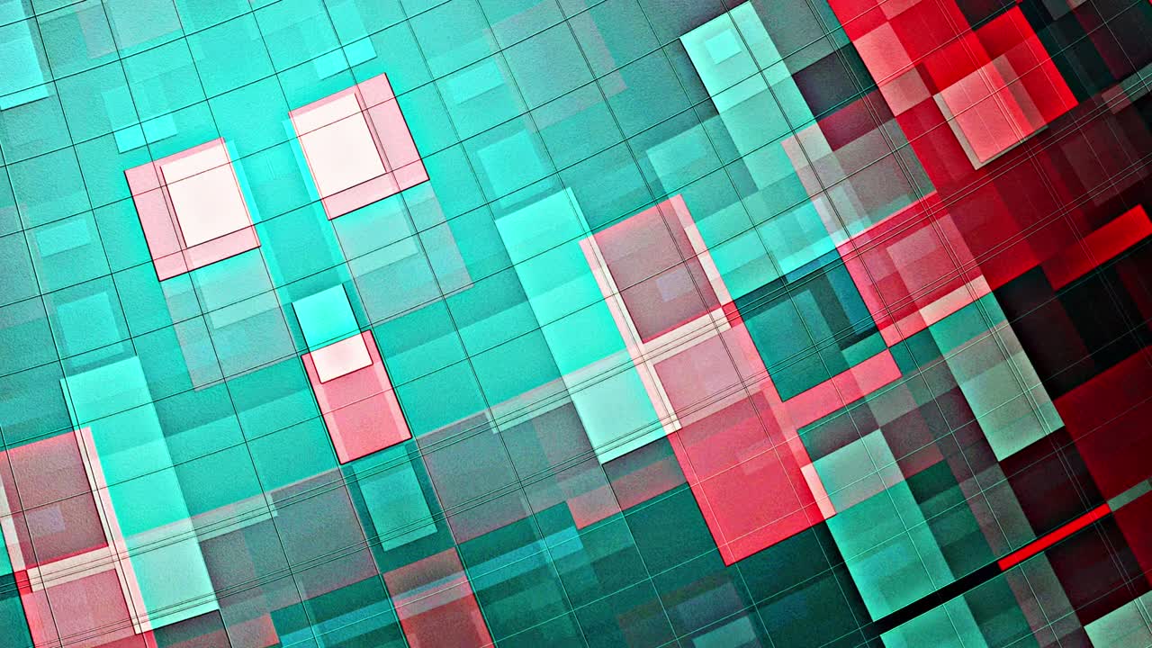 Abstract CGI fast speed motion background with dynamic technology mosaic. 4K 3D seamless looping. Fast moving green red stripes checker grid motion graphic element for VJ DJ loop, transition, intro.