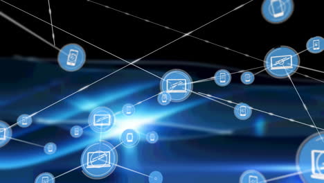 animation of networks of connections with icons over blue screens