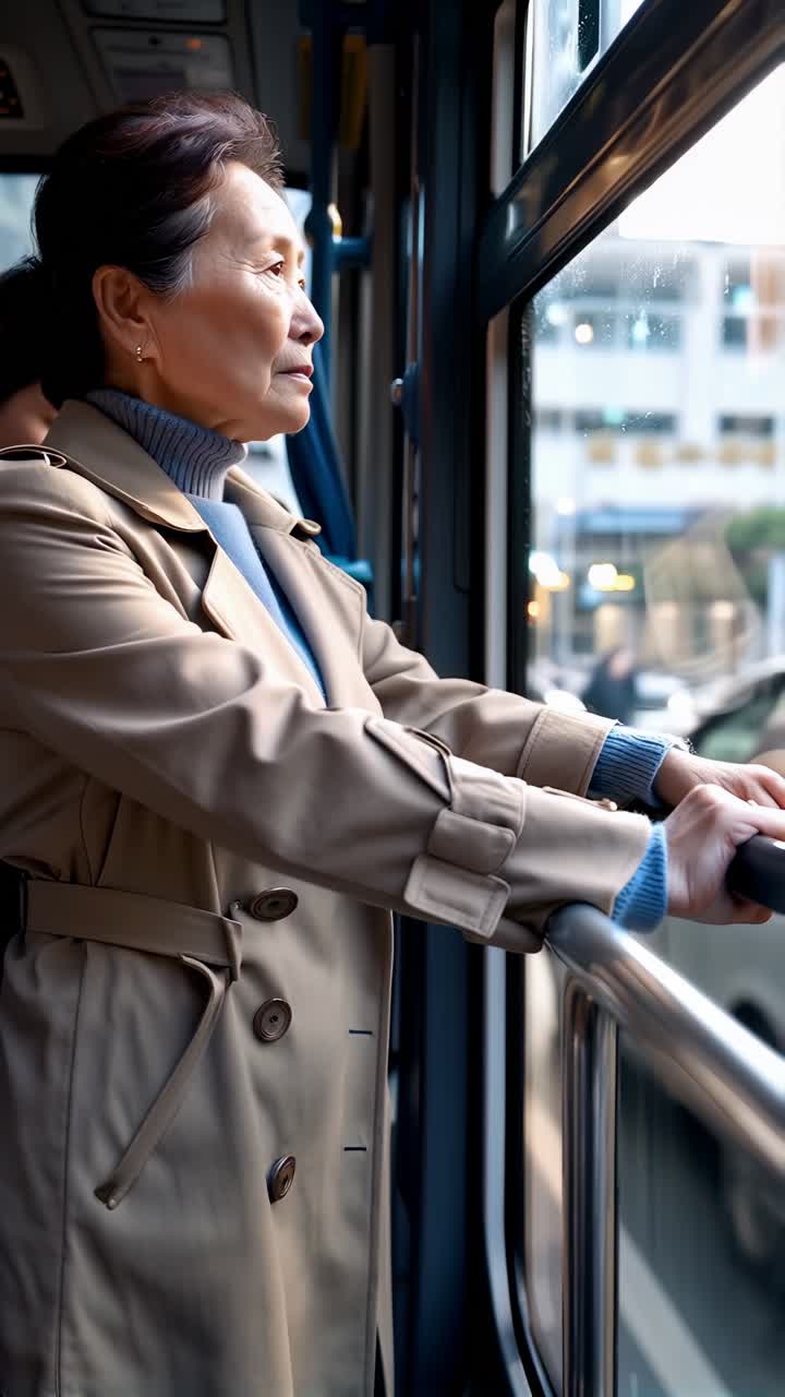 Female passenger standing in a crowded bus, engrossed as he explores the city.
