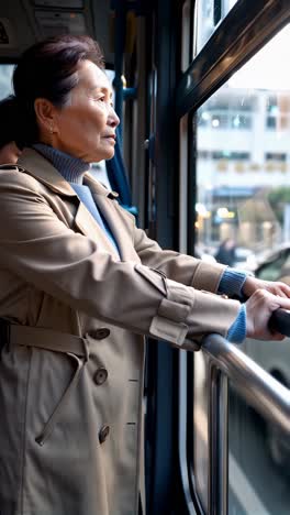 female passenger standing in a crowded bus, engrossed as he explores the city.