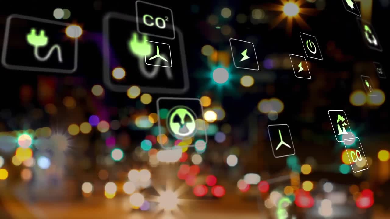 도시의 거리에서 움직이는 흐릿한 차량 위의 원에서 아이콘의 애니메이션