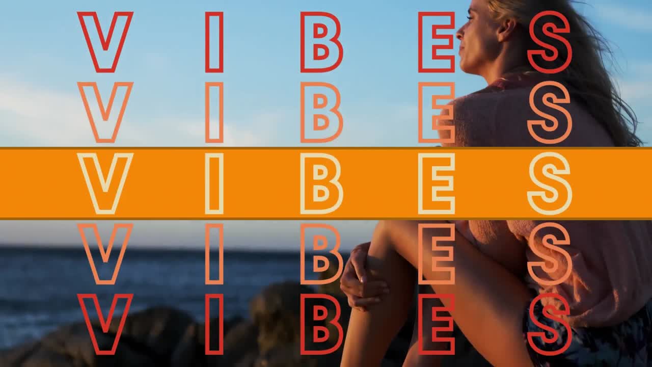 Animación de texto "Vibras" sobre gente junto al mar