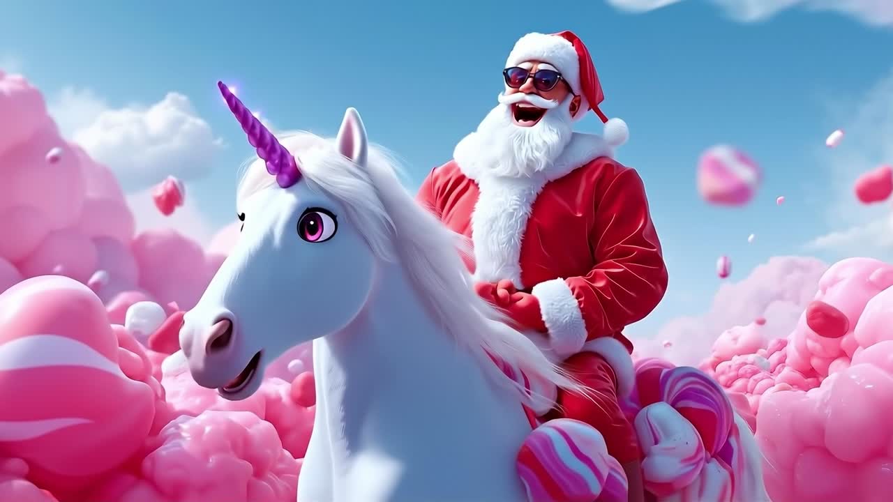 A santa claus riding on the back of a white unicorn in a field of pink and blue balloons