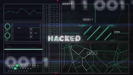 Animation-of-circuit-board-pattern,-hacked-text-over-graph,-lines,-navigation-pattern,-binary-codes