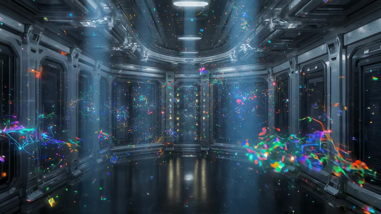Rising bright motes and ribbons filling vessel bay, ring lighting shafts and reflecting shiny floor