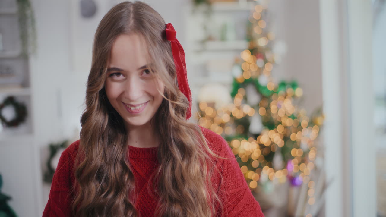 크리스마스 때 집에서 미소 짓는 아름다운 여자