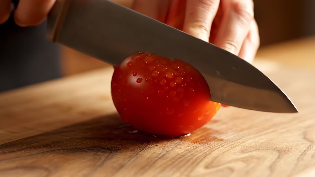Slicing a Tomato on a Cutting Board