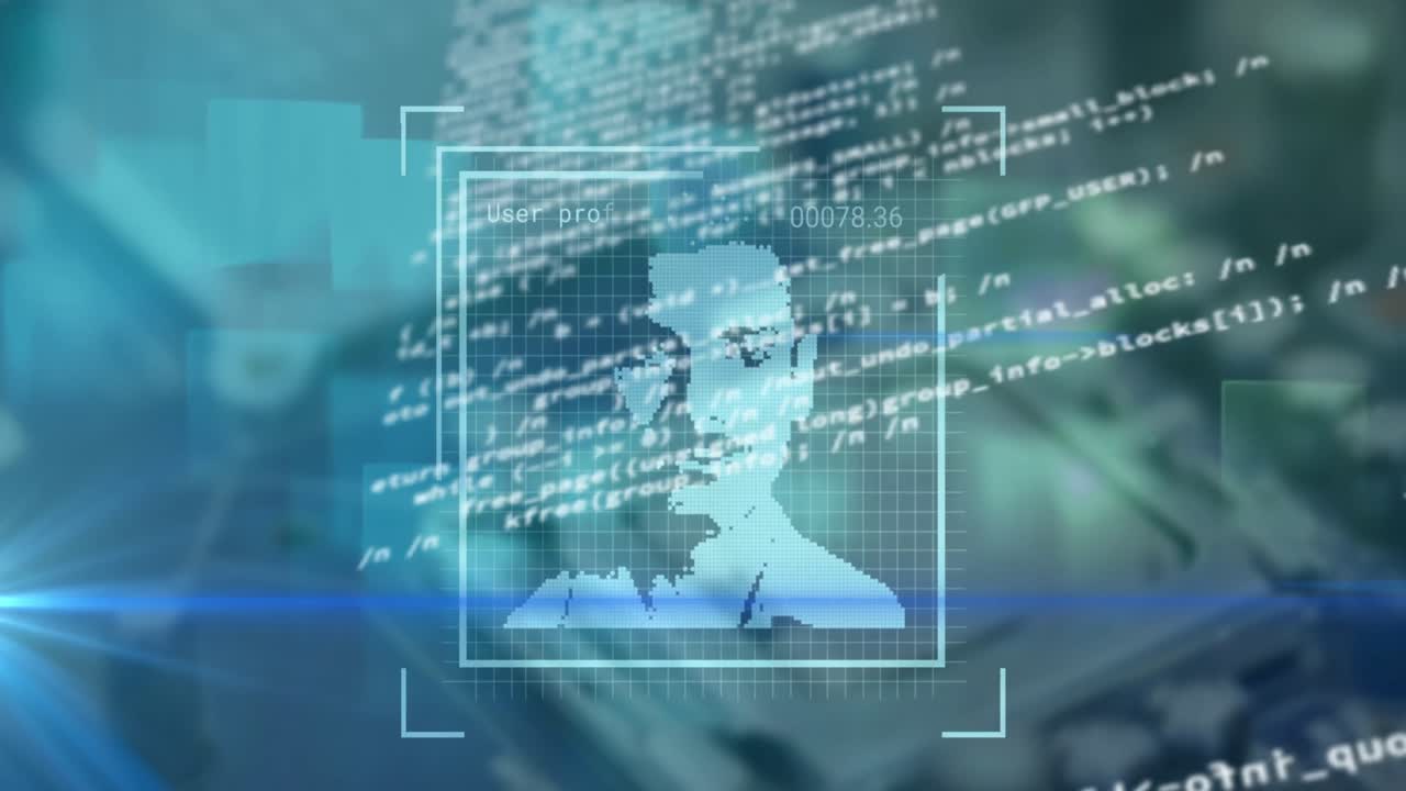 animación de iconos de perfil cambiantes y punto de luz azul contra el primer plano de una placa de circuitos.