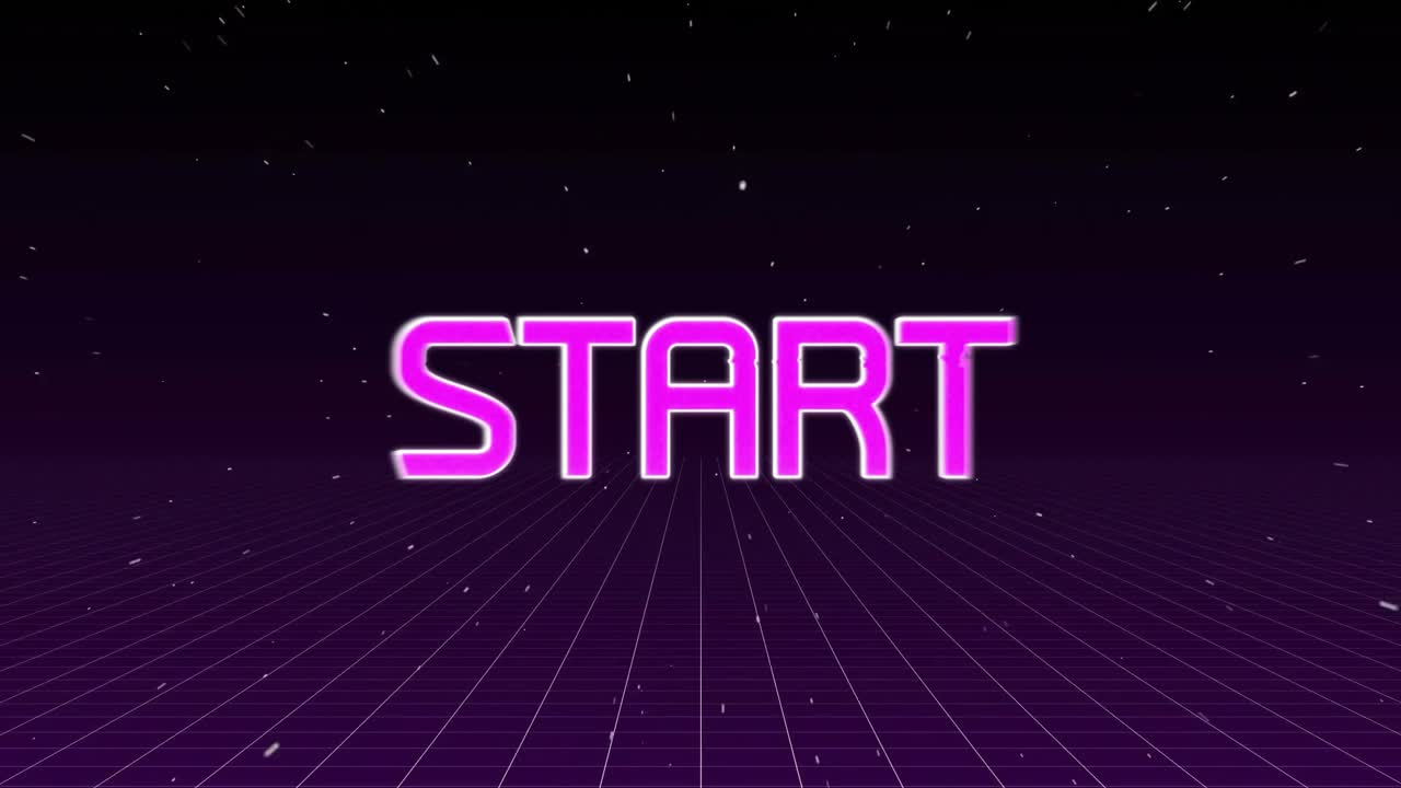 Magenta dots animating outward forming neon START text over grid floor under star-field for intro