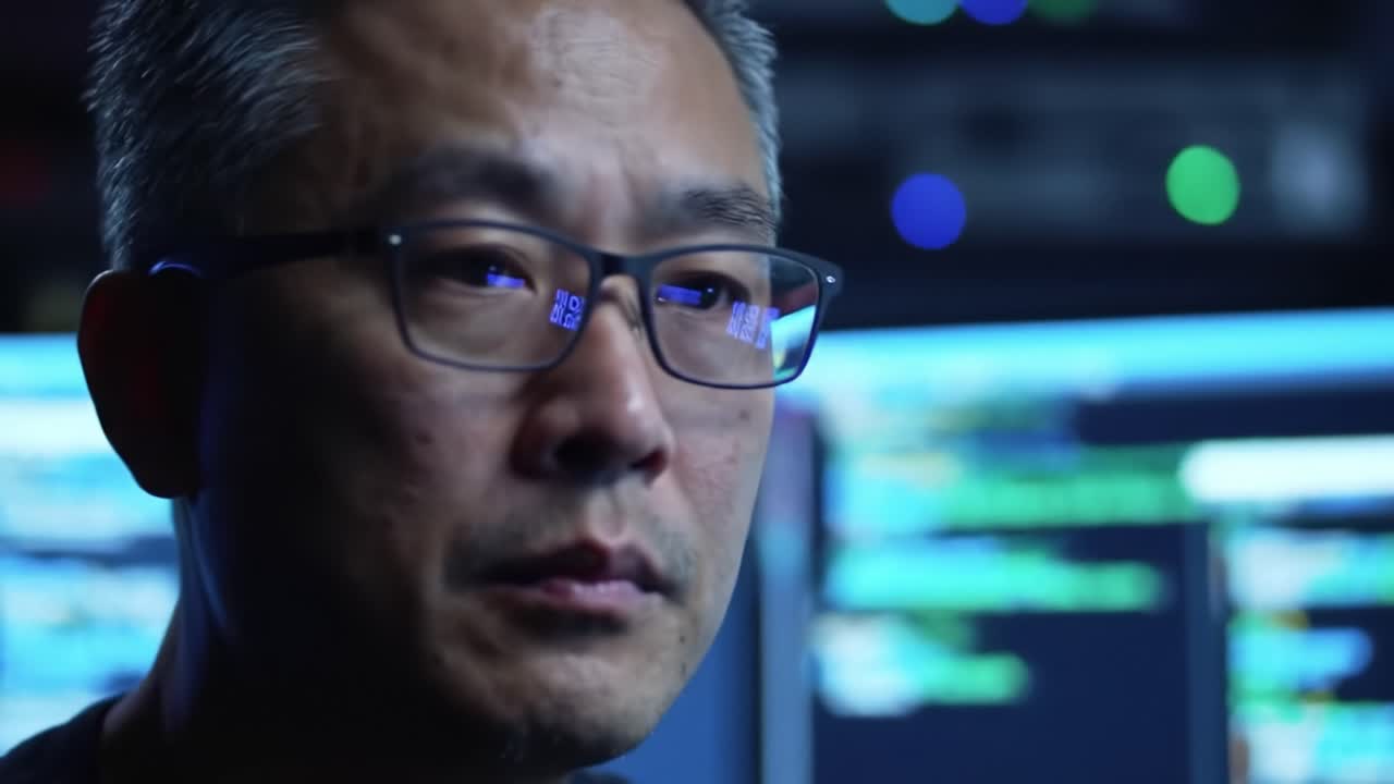 Focused Programmer Analyzing Code with Intense Concentration in a Dimly Lit Environment, Highlighting the Depth of Video Editing and Software Development Skills