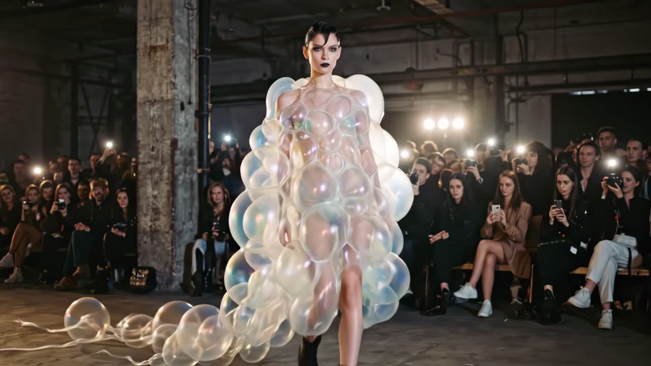 Modelo Desfila na Passarela com Vestido Bolha Único em Desfile de Moda